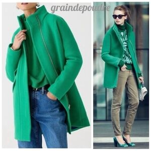 Rare! New J Crew Emerald Green Stadium Cloth Wool Cocoon Zipper Mid Coat 12P